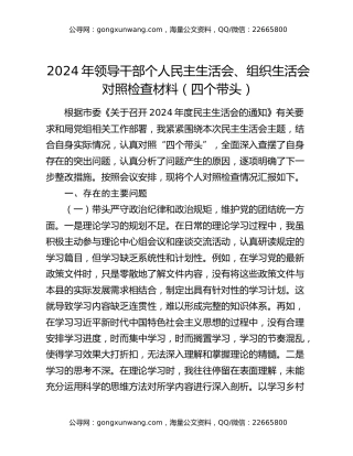 2024年领导干部个人民主生活会、组织生活会对照检查材料（四个带头）