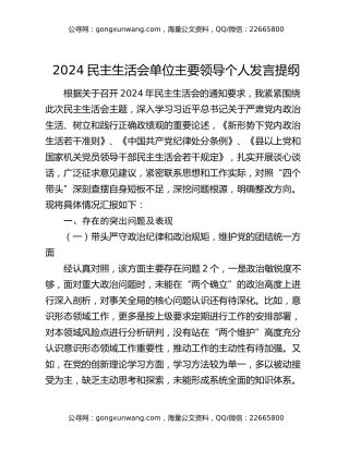 2024民主生活会单位主要领导个人发言提纲