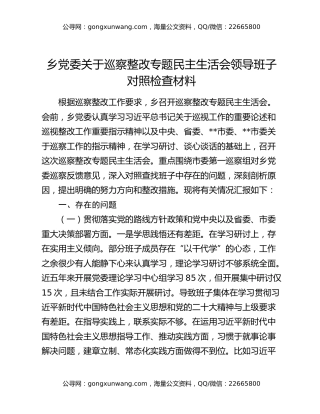 乡党委关于巡察整改专题民主生活会领导班子对照检查材料