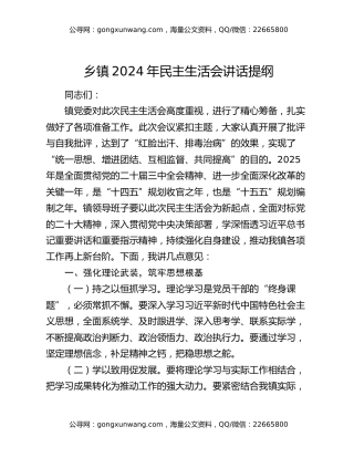 乡镇2024年民主生活会讲话提纲