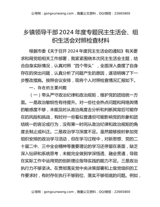 乡镇领导干部2024年度专题民主生活会、组织生活会对照检查材料