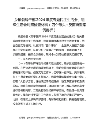 乡镇领导干部2024年度专题民主生活会、组织生活会对照检查材料（四个带头+反面典型案例剖析）