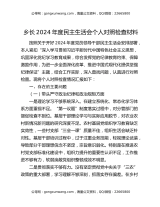 乡长2024年度民主生活会个人对照检查材料