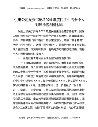 供电公司党委书记2024年度民主生活会个人对照检视剖析材料