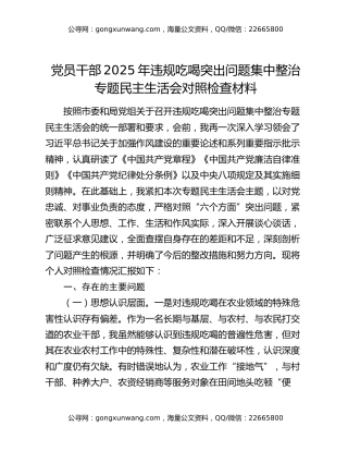 党员干部2025年违规吃喝突出问题集中整治专题民主生活会对照检查材料
