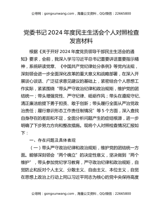 党委书记2024年度民主生活会个人对照检查发言材料