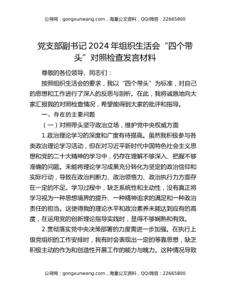党支部副书记2024年组织生活会“四个带头”对照检查发言材料