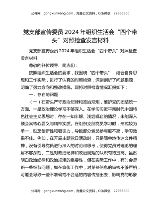 党支部宣传委员2024年组织生活会“四个带头”对照检查发言材料