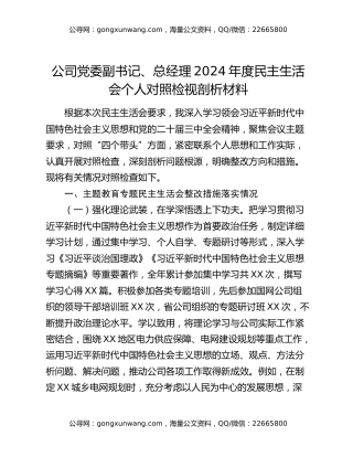 公司党委副书记、总经理2024年度民主生活会个人对照检视剖析材料