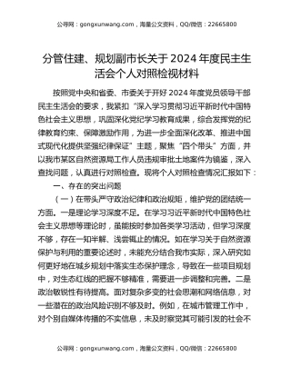 分管住建、规划副市长关于2024年度民主生活会个人对照检视材料