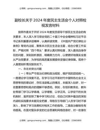 副校长关于2024年度民主生活会个人对照检视发言材料