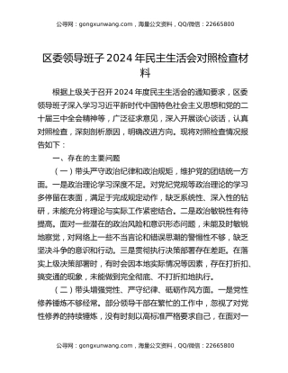 区委领导班子2024年民主生活会对照检查材料