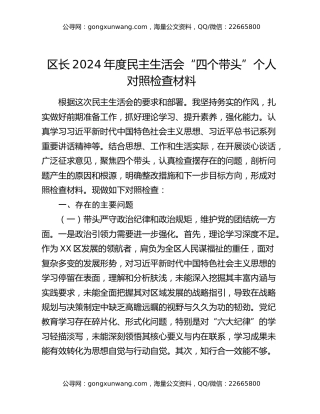 区长2024年度民主生活会“四个带头”个人对照检查材料
