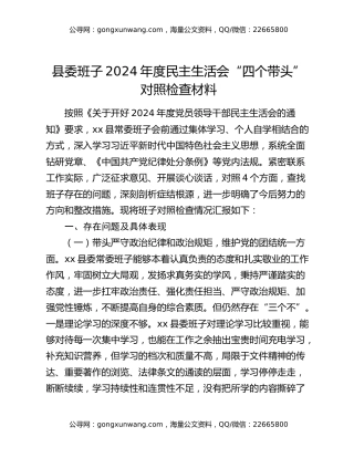 县委班子2024年度民主生活会“四个带头”对照检查材料