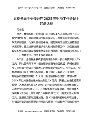 县税务局主要领导在2025年财税工作会议上的讲话稿