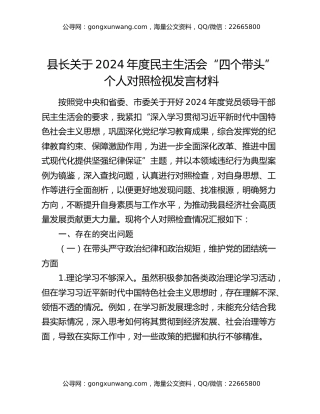 县长关于2024年度民主生活会“四个带头”个人对照检视发言材料