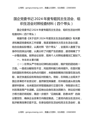 国企党委书记2024年度专题民主生活会、组织生活会对照检查材料（四个带头）