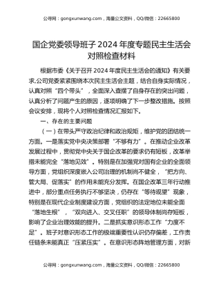 国企党委领导班子2024年度专题民主生活会对照检查材料
