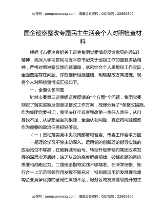国企巡察整改专题民主生活会个人对照检查材料