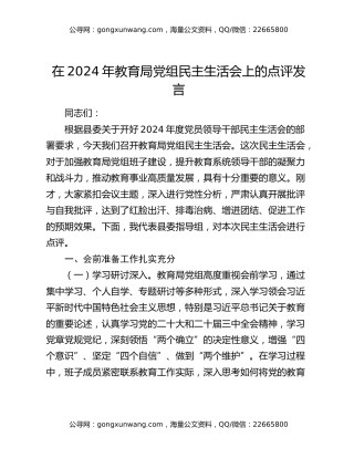 在2024年教育局党组民主生活会上的点评发言