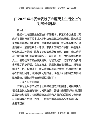 在2025年市委常委班子专题民主生活会上的对照检查材料