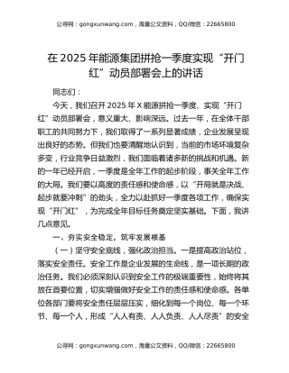 在2025年能源集团拼抢一季度实现“开门红”动员部署会上的讲话