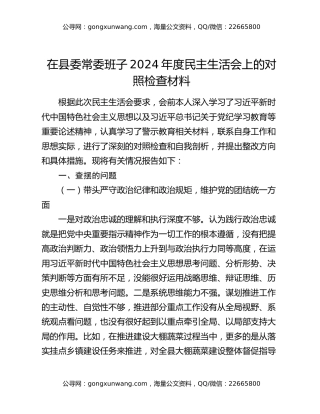 在县委常委班子2024年度民主生活会上的对照检查材料