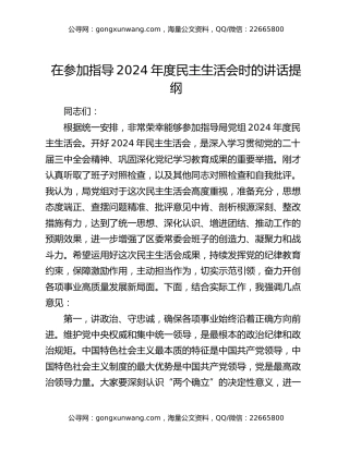 在参加指导2024年度民主生活会时的讲话提纲