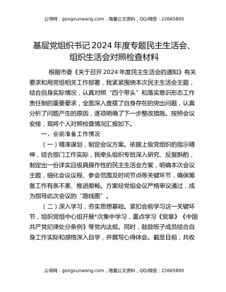 基层党组织书记2024年度专题民主生活会、组织生活会对照检查材料