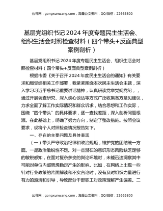 基层党组织书记2024年度专题民主生活会、组织生活会对照检查材料（四个带头+反面典型案例剖析）