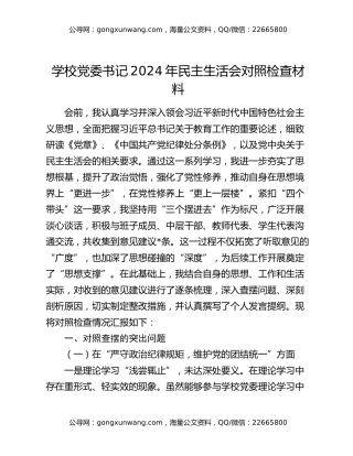 学校党委书记2024年民主生活会对照检查材料