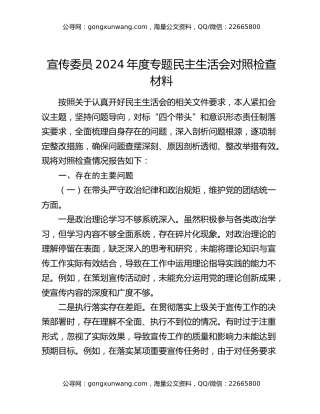 宣传委员2024年度专题民主生活会对照检查材料