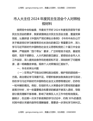 市人大主任2024年度民主生活会个人对照检视材料