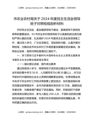 市农业农村局关于2024年度民主生活会领导班子对照检视剖析材料