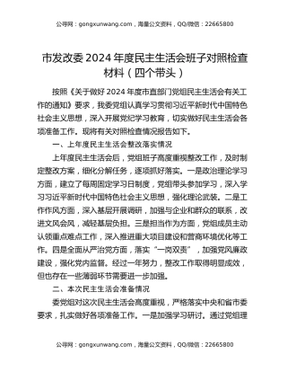 市发改委2024年度民主生活会班子对照检查材料（四个带头）
