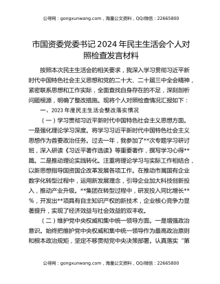 市国资委党委书记2024年民主生活会个人对照检查发言材料