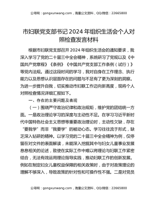 市妇联党支部书记2024年组织生活会个人对照检查发言材料