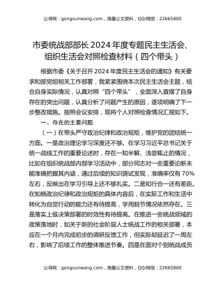 市委统战部部长2024年度专题民主生活会、组织生活会对照检查材料（四个带头）