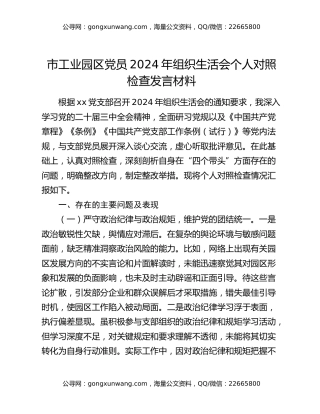 市工业园区党员2024年组织生活会个人对照检查发言材料