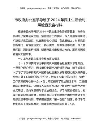 市政府办公室领导班子2024年民主生活会对照检查发言材料