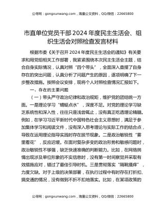 市直单位党员干部2024年度民主生活会、组织生活会对照检查发言材料