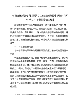 市直单位党支部书记2024年组织生活会“四个带头”对照检查材料