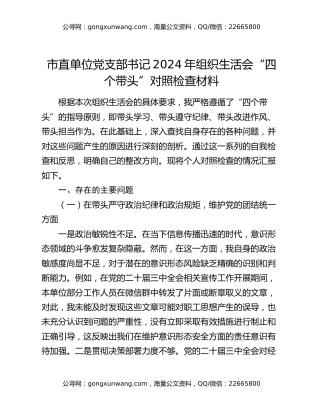 市直单位党支部书记2024年组织生活会“四个带头”对照检查材料（2）