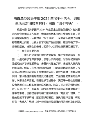 市直单位领导干部2024年民主生活会、组织生活会对照检查材料（围绕“四个带头”）