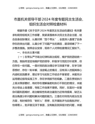 市直机关领导干部2024年度专题民主生活会、组织生活会对照检查材料