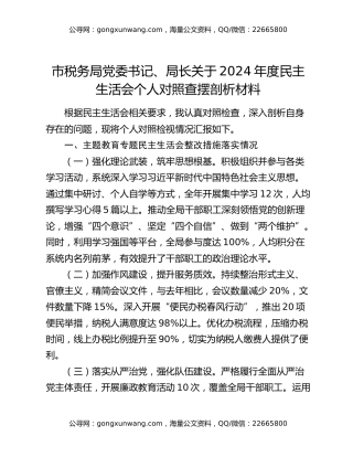 市税务局党委书记、局长关于2024年度民主生活会个人对照查摆剖析材料