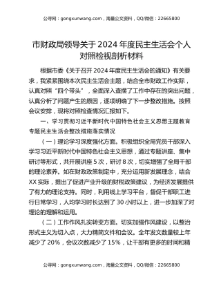 市财政局领导关于2024年度民主生活会个人对照检视剖析材料