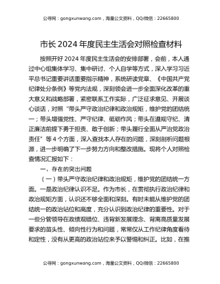 市长2024年度民主生活会对照检查材料（2）