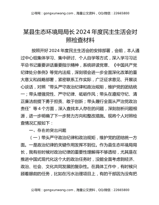 某县生态环境局局长2024年度民主生活会对照检查材料
