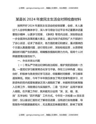 某县长2024年度民主生活会对照检查材料